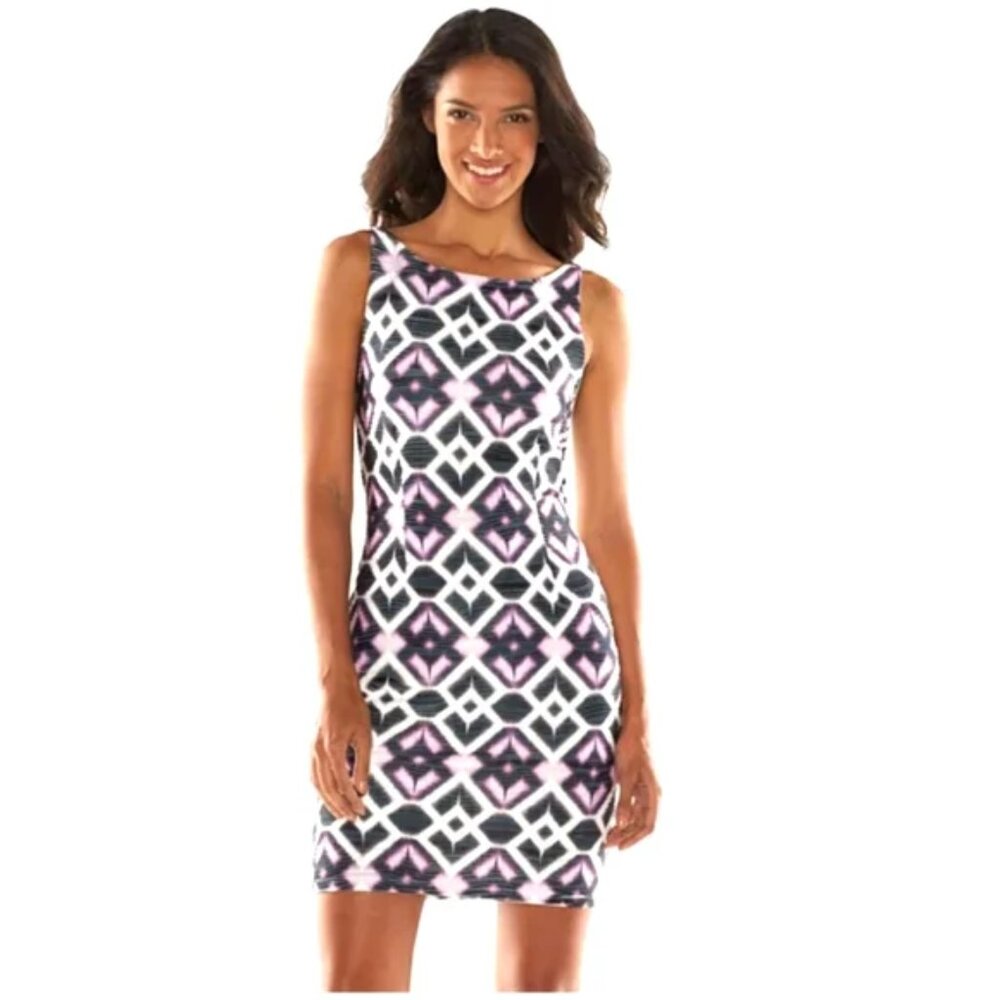 Jennifer Lopez Pink and Black Geometric Midi Dress